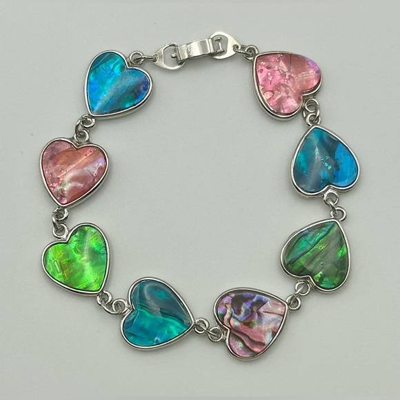 Jewelry - Multicolor Heart Link Silver Tone Bracelet with Abalone Inlay